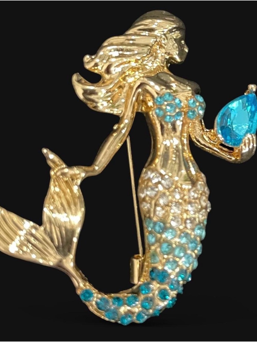 Gold-Tone Mermaid Brooch with Blue and Clear Stones - Picture 3 of 3